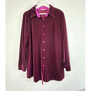 Soft Surroundings Womens Velvet Button-Down Shirt Top Large Burgundy Long Sleeve